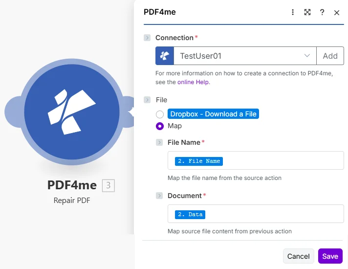 O módulo Make PDF4me Repair PDF mostra a conexão definida como TestUser01, o arquivo configurado como Mapa, o nome do arquivo mapeado da etapa 2 (Nome do Arquivo) e o documento mapeado da etapa 2 (Dados de um módulo de download anterior do Dropbox).